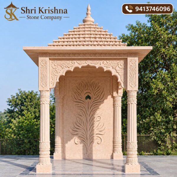 4×4 ft outdoor pink sandstone temple with carved mandap