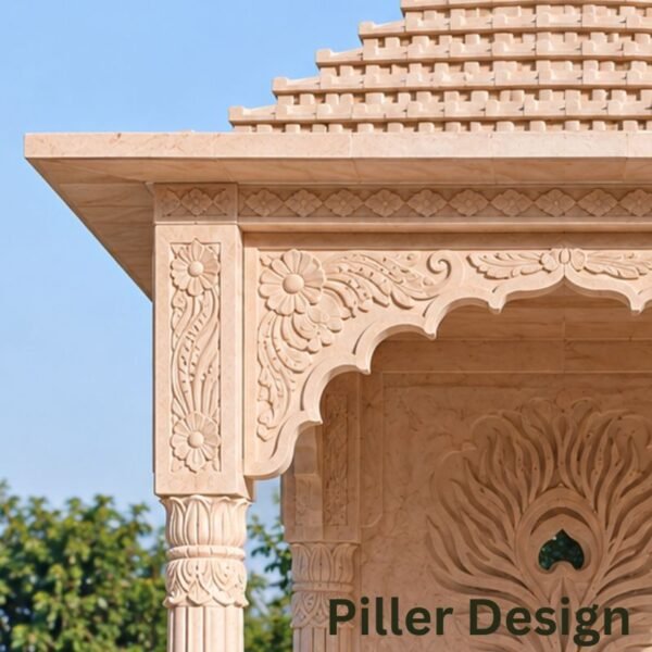 Outdoor pink sandstone temple pillar and carved arch design