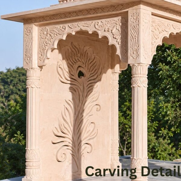 Pink sandstone temple side view with carved rear panel