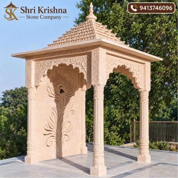 Pink sandstone mandap side view with detailed rear panel carving