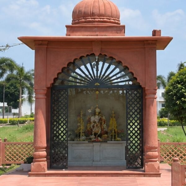 red sandstone home temple with stone jali