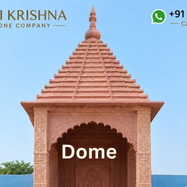 Red sandstone mandir dome design with traditional stone carving