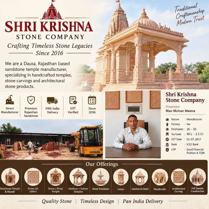 Finished sandstone temple manufactured by Shri Krishna Stone Company, Rajasthan