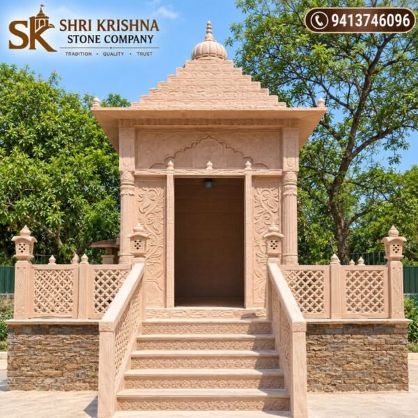 Pink sandstone garden temple front view with carved pillars and entrance