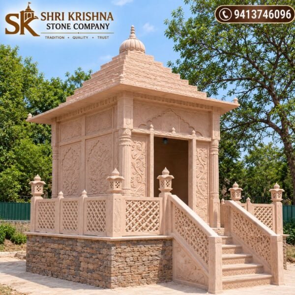 Pink sandstone garden temple side view with jali panels